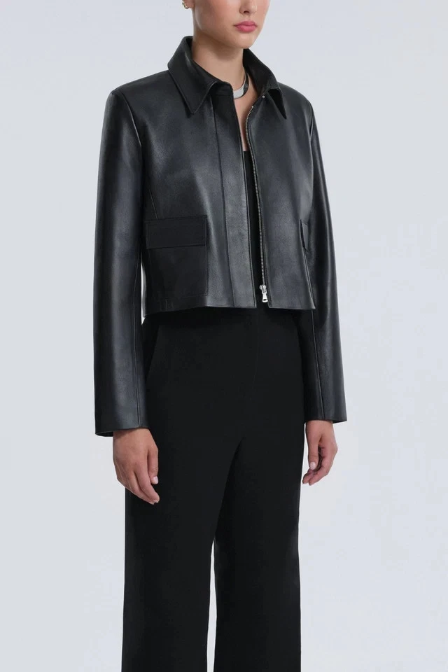 Nova Jaqueta de Couro Clássica Feminina Couro de Cordeiro Genuíno Elegante Motociclista Com Zíper - Imagem 3 de 4