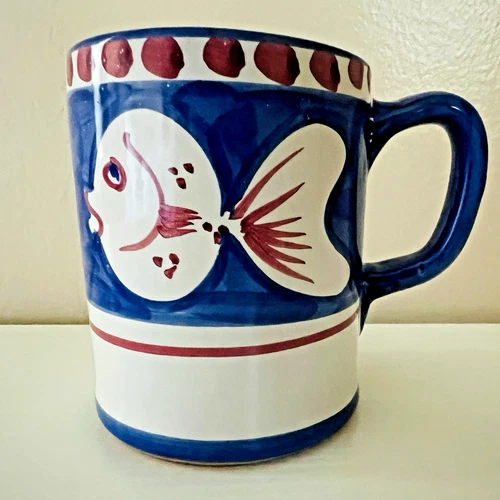 Solimene Vietri Italy  Blue Fish Mug Coffee Cup SEE ALL PHOTOS Chipped On Bottom
