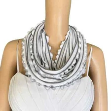 White And Grey Ruffle Edge Striped Scarf. Infinity Scarf. Handmade Circle Scarf