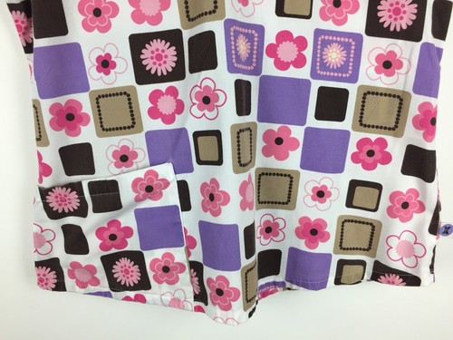 Landau Scrub Top NO Size Tag XS? Brown Purple Floral Blocks Nursing Medical - Picture 4 of 6