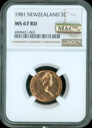 1981 New Zealand 2 Cents NGC MS67 RD Business Quality