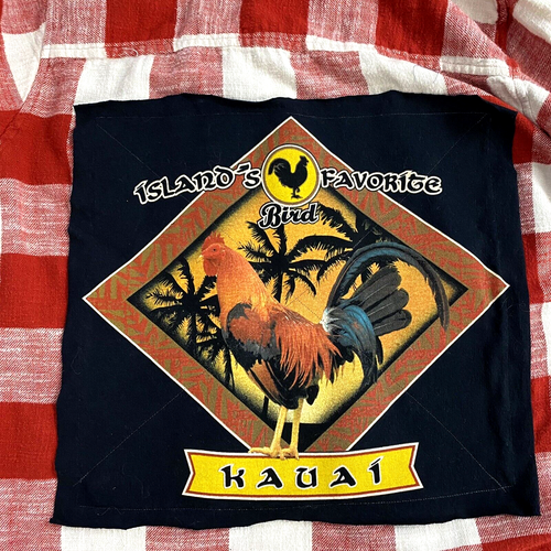 Upcycled Flannel Shirt Women XL Shacket Kauai Rooster Red Country Grunge Farm - Picture 2 of 15
