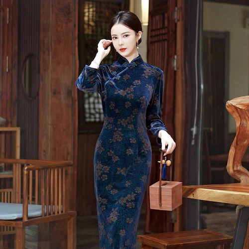 Mujeres Otoño Invierno Terciopelo Qipao Vestido Chino Largo Cheongsam Noche Fiesta Vestido - Imagen 4 de 17