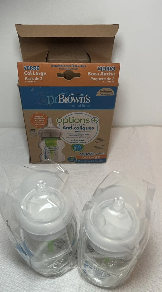 2 biberones de vidrio anticólicos Dr. Brown's Options + cuello ancho 5 oz 150 ml Foto 2 de 4