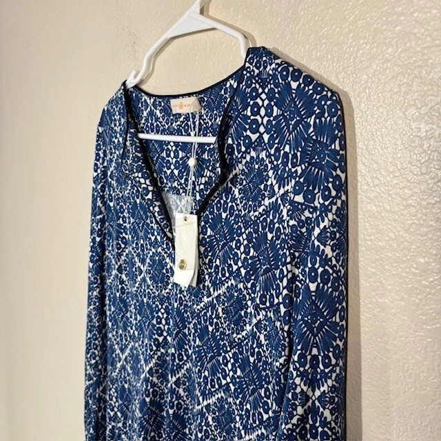 Abito Tory Burch donna seta media manica lunga midi blu bianco NUOVO DIFETTO