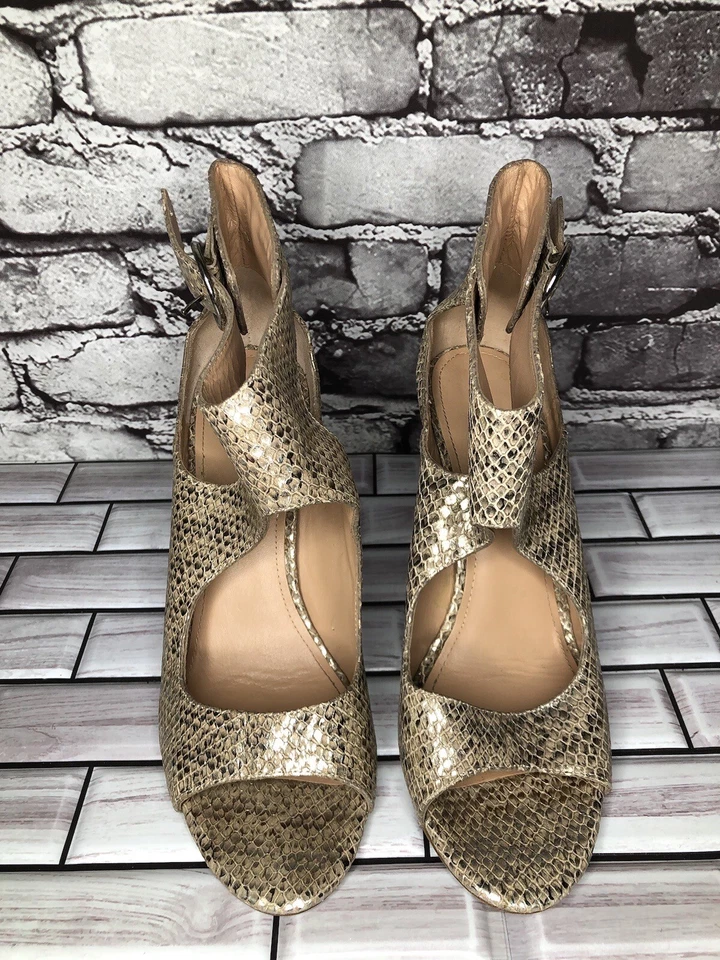 Sigerson Morrison Cuero Dorado Punta abierta Correa al Tobillo Vestido Tacones Mujeres 8.5US/39EU Foto 2 de 4