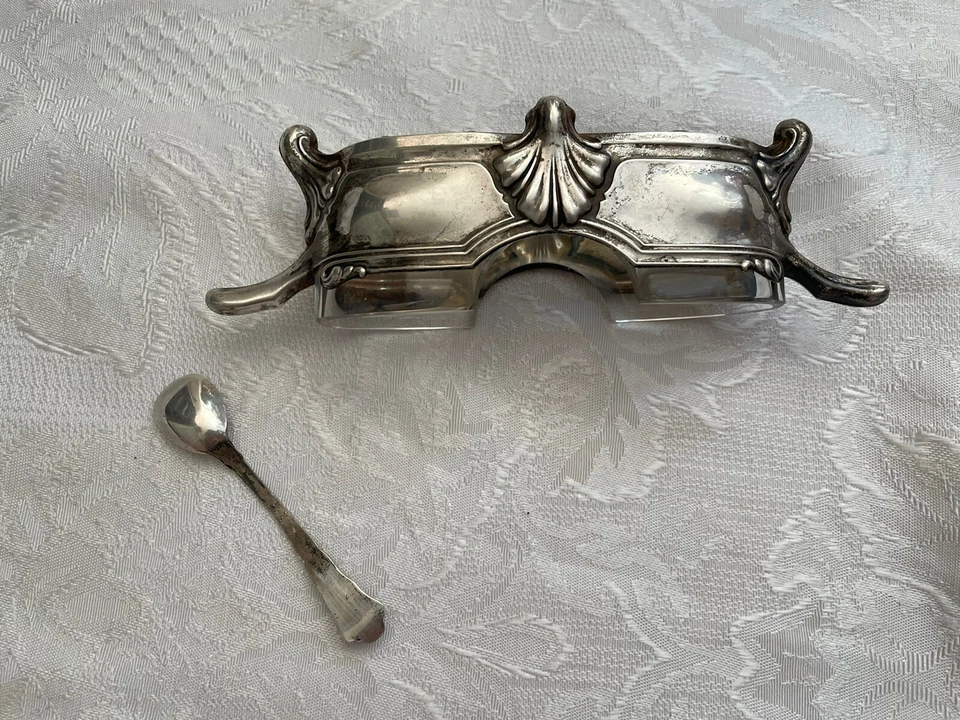 Antigua salina plata con cuchara .800 montura cristal siglo XX Foto 3 de 4