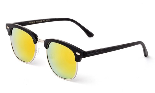 Half Wood Style Frame Sunglasses Flash Mirror Round Lens with Faux Leather Case - Picture 9 of 16