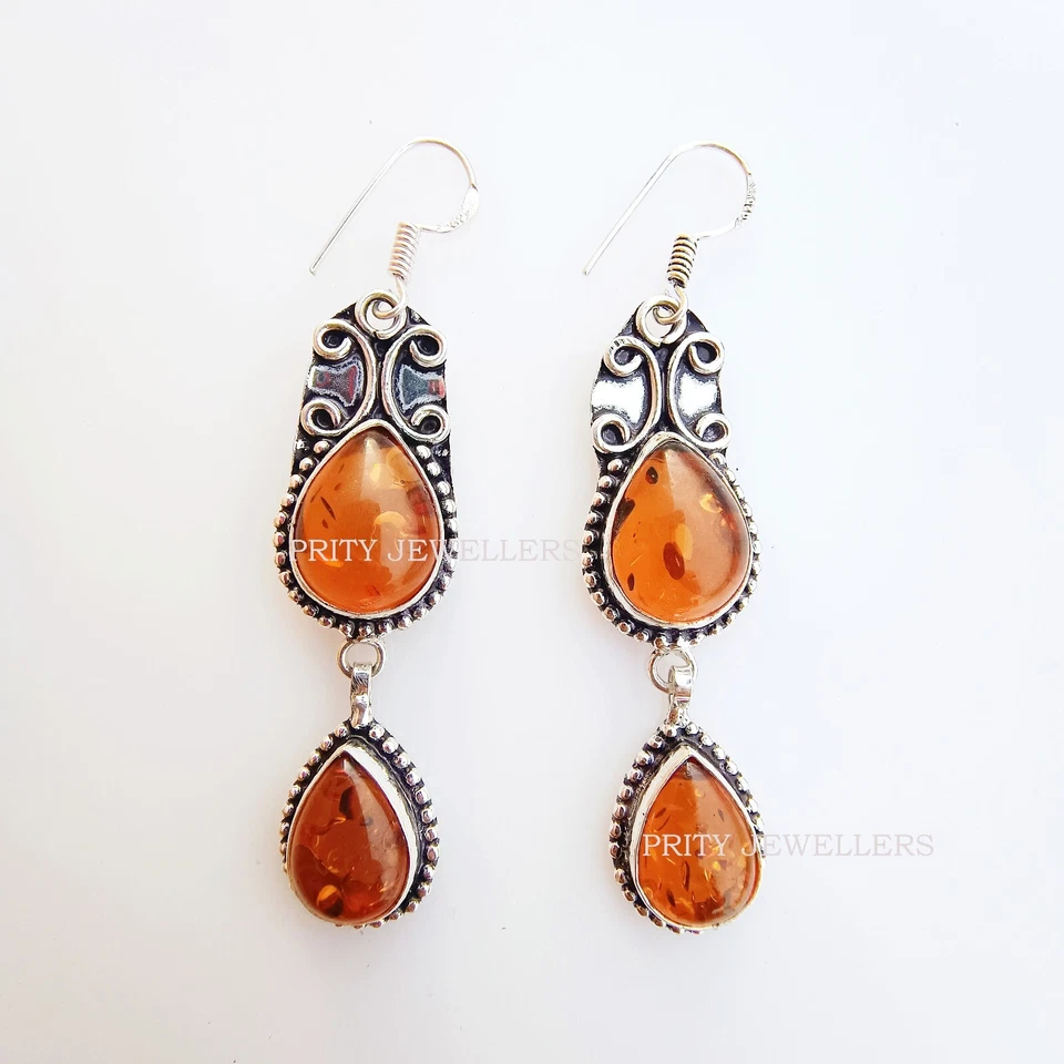 Lindo Brinco Banhado a Prata Âmbar, Brinco Antigo, Brinco de Âmbar Feito à Mão - Imagem 3 de 4