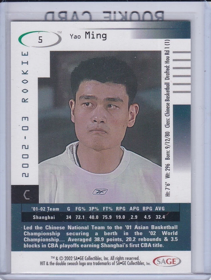 Tarjeta de novato Yao Ming 2002 Sage Hit versión sello Houston Rockets baloncesto radiocontrol Foto 2 de 2