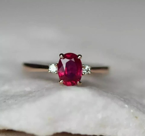 1.5Ct Oval Ruby Lab Created Diamond Three-Stone 14K Gold Finish Engagement Ring - Picture 4 of 8