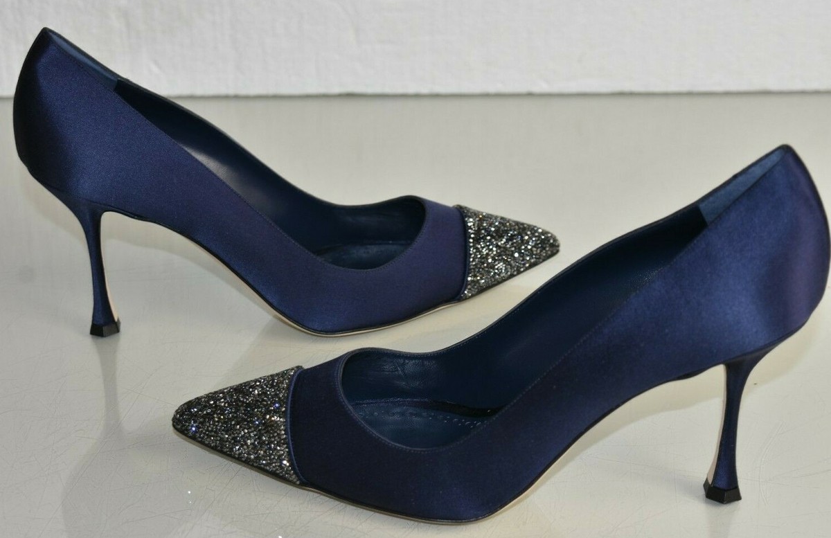 Escarpins Manolo Blahnik CRISTALBI Satin Bleu Marine - Pointure 41.5 US, Neuf Avec Boîte, Talon Aiguille