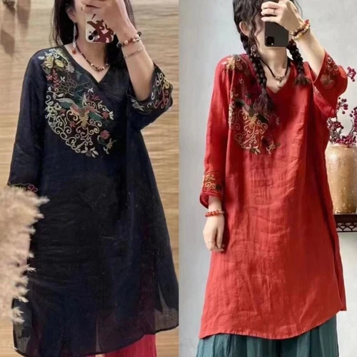 Retro Women Ethnic Embroidered Dress V Neck Chinese Floral Midi Tops Shirt Dress - Picture 6 of 22