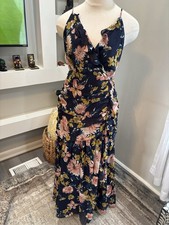 Lulus Floral Chiffon Maxi Dress Navy Ruched Ruffle V-Neck Lined M