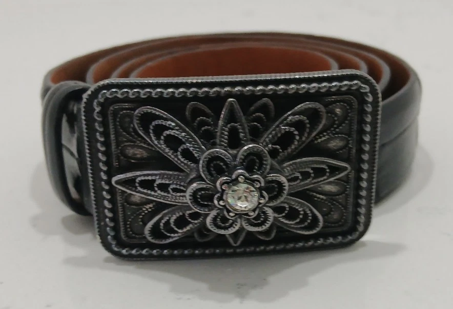 Ralph Lauren Alligator Leather Belt & Rhinestone Floral Buckle - Size S - Black - Image 2 of 4