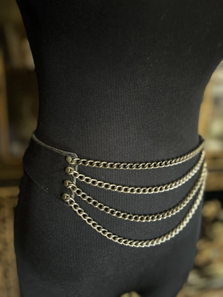 Cinturón De Colección Multicapa Metal Cadena Negro Gamuza Años 80 Glam Punk Hecho en EE. UU. Foto 2 de 4