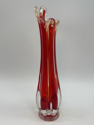 Vintage 6 Finger gerippte geschwungene Vase rot ummantelt 10 Zoll - Bild 2 von 12