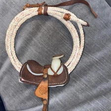 Leather Saddle Ornament Embossed Tooled Doll Accessory 5.5" Shearling with lasso