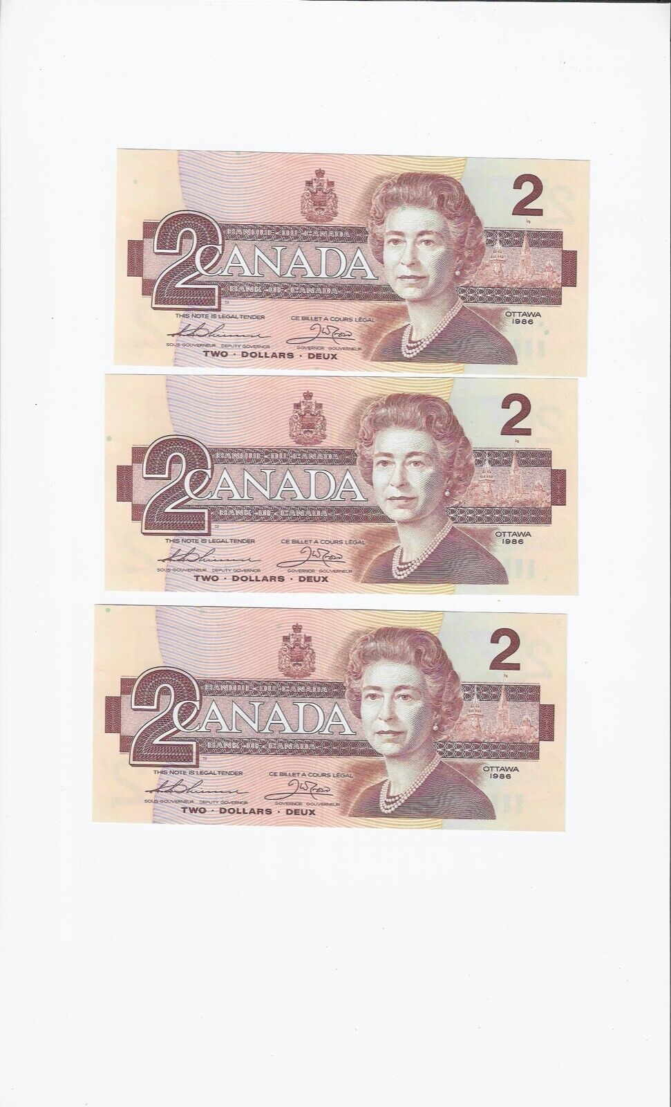 1986  Canada $2 Note BC-55b Thi/Cro Ser# BUY 0943101/02/03,  3 Sequential