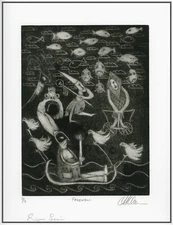 AFTERLIFE UNDERWORLD; Modernist Surrealistic ORIGINAL MEZZOTINT. Listed Artist