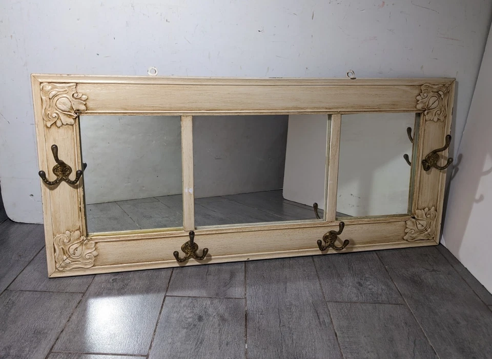 Vintage French Provincial Shabby Chic Cream 3-Panel Wall Mirror w Coat Hooks - Image 2 of 4
