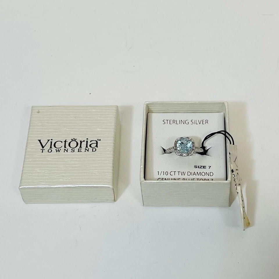 Victoria Townsend Blue Topaz & Rose Cut Diamonds 925 Sterling Silver Ring Size 7 Foto 3 de 4