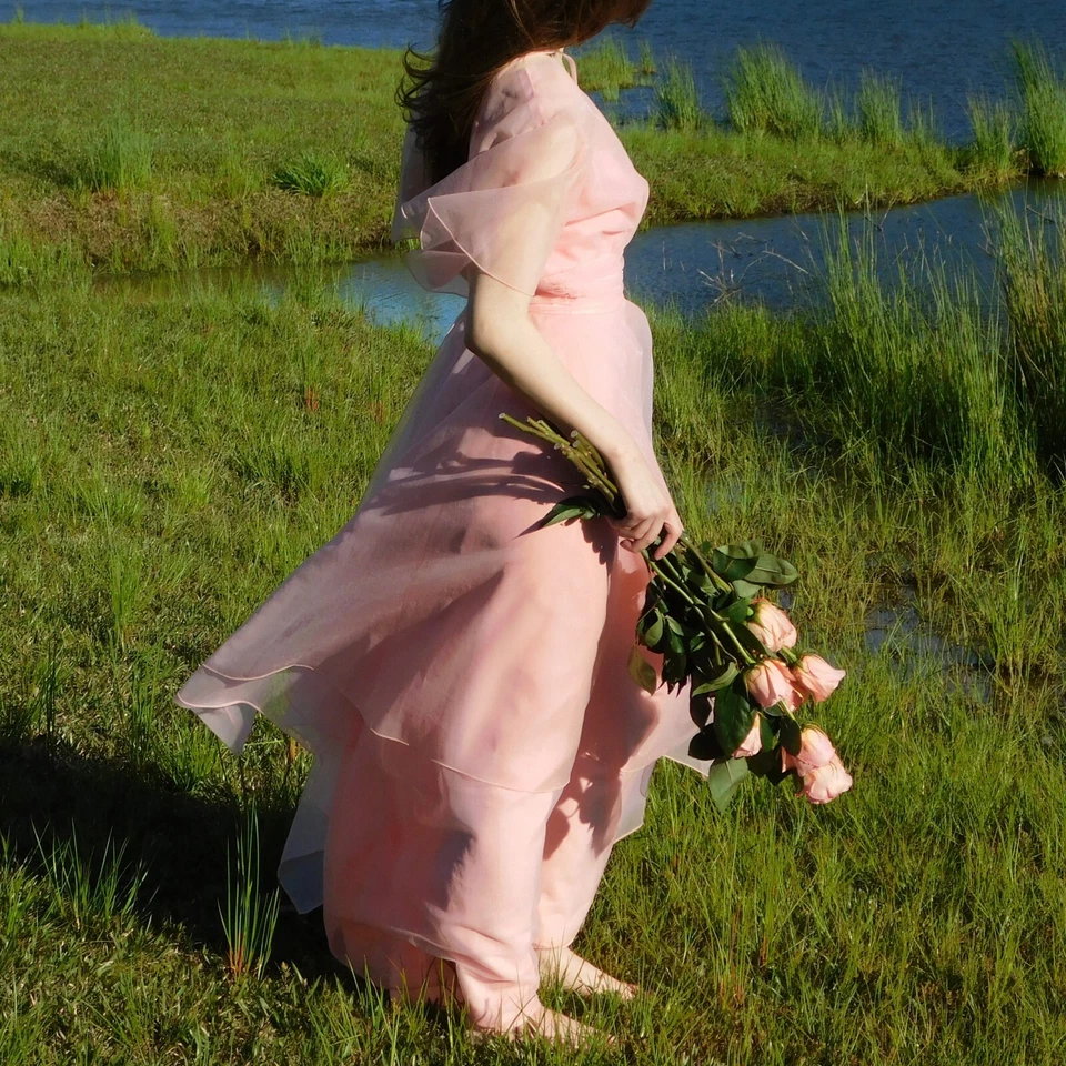 Vestido de graduación de chifón rosa de los años 60 hecho a mano vestido vintage superpuesto de encaje talla S Foto 4 de 4