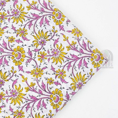 Indian 10 Yard Cotton Handcrafted Hand Block Floral Print Pink Fabric - Picture 3 of 5