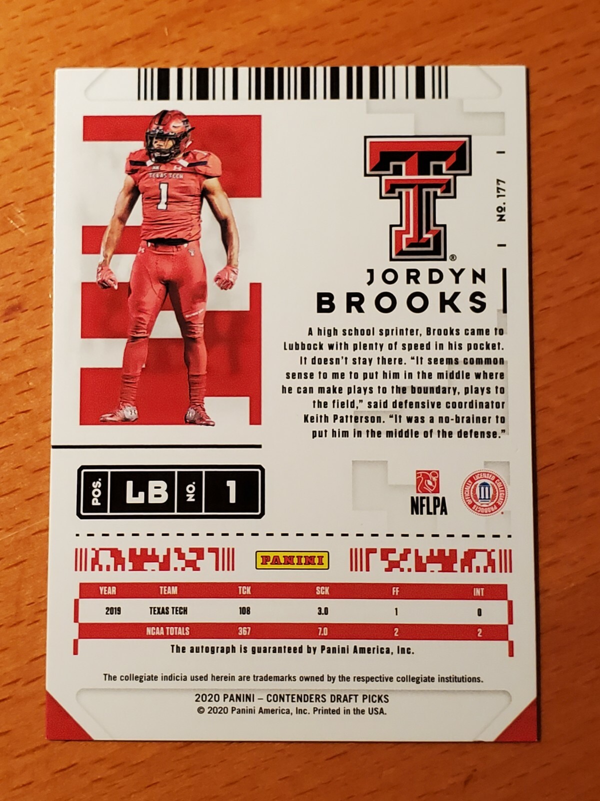 2020 Contenders Draft 177 Jordyn Brooks Texas Tech Rookie Auto Lot B