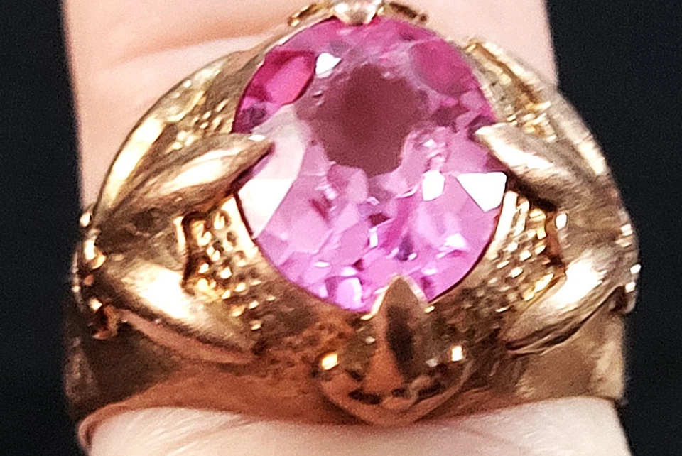ANILLO VINTAGE 583 ORO AMARILLO 14K GEMA KUNCITA ROSA FORMA OVALADA 7g TALLA 6.5 Foto 2 de 4