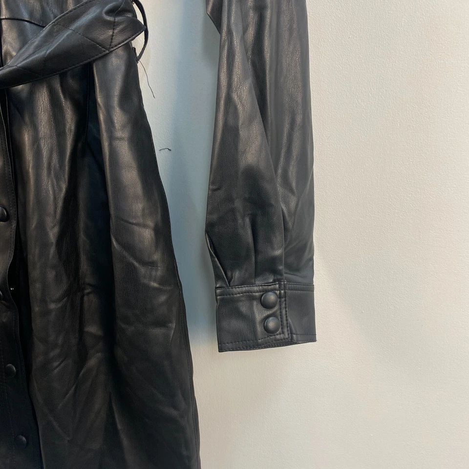 Vestido Mango MNG para mujer 6 negro imitación cuero manga larga cinturón botones bolsillos Foto 3 de 4