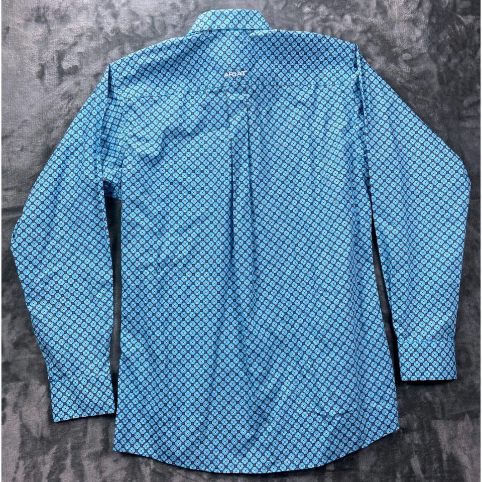 Ariat Men's Fitted Button Down Shirt Medium Blue Geometric Western Rodeo Cotton - Image 3 of 4