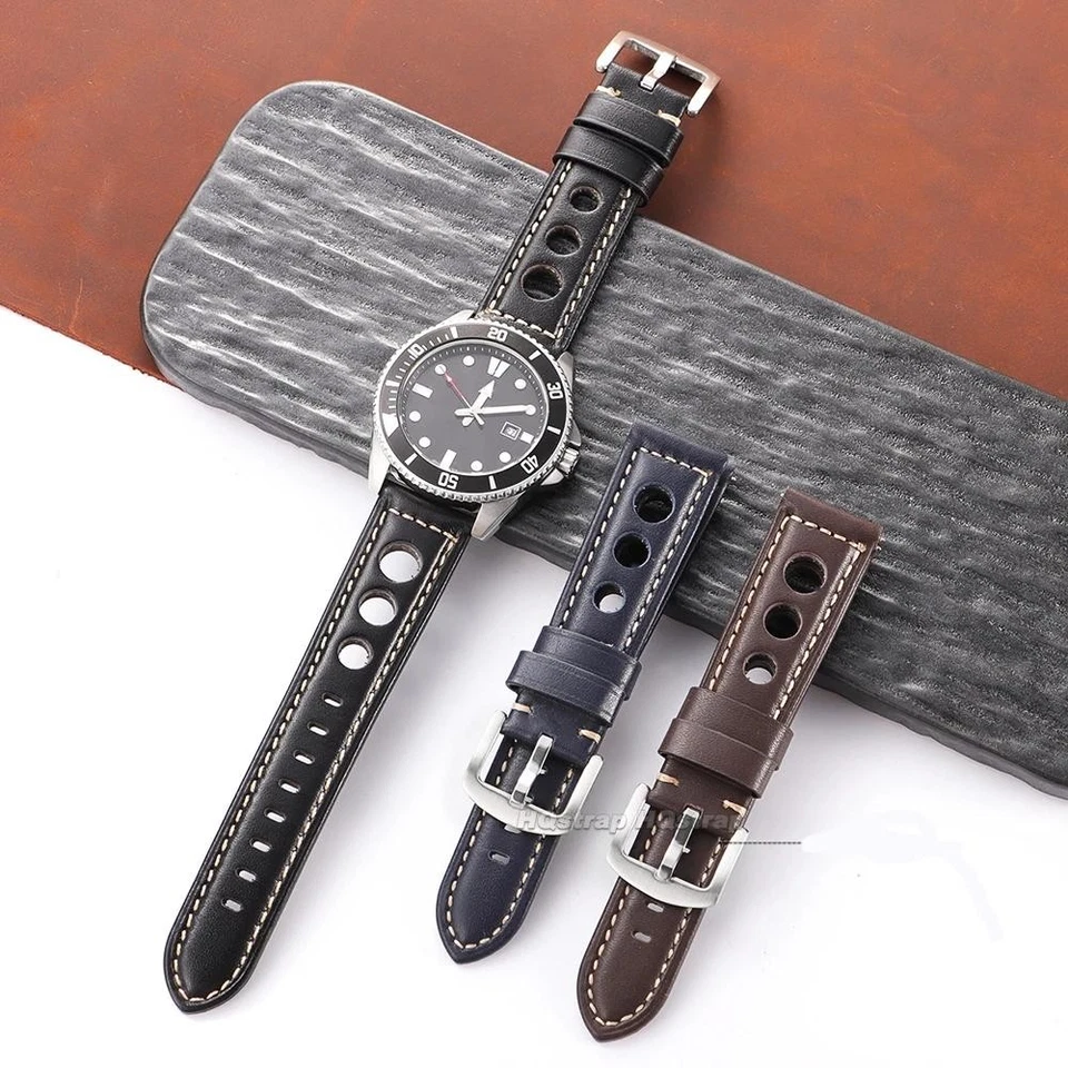 Bracelet de Montre Cuir Véritable 20 22 24 26 mm Ardillon Seiko Universel Trous - Photo 3/4