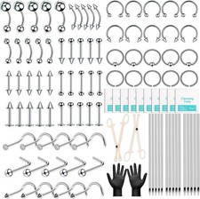 104 Pc Professional Body Piercing Tool Kit with Jewelry Set Needles