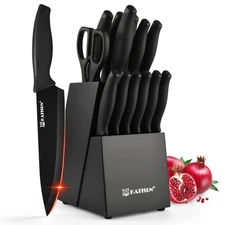 15Pcs Kitchen Knife Set with Block Wooden Stainless Steel Built-in Knife Sharpen