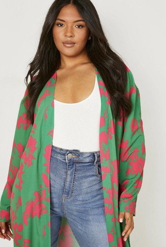 Boohoo Plus Size Floral Long Sleeve Kimono Statement Jacket Green Pink Sz 16 - Picture 4 of 9