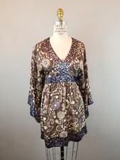 Express Design Studio Silk Blue & Brown Floral Tunic / Dress Women's Size XS
