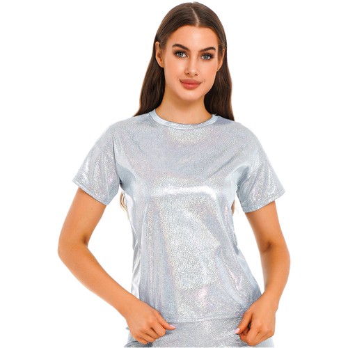Women Shiny Sequin Shirt Top Shimmer Glitter Short Sleeve T-Shirts Tunic Blouse - Picture 38 of 86