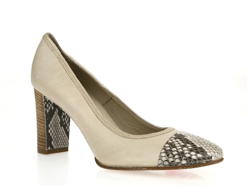 Mujer AGL 226444 Beige Cuero Puntera Serpiente Estampado Bloque Tacón Zapatos Talla. 38,5 Foto 4 de 4