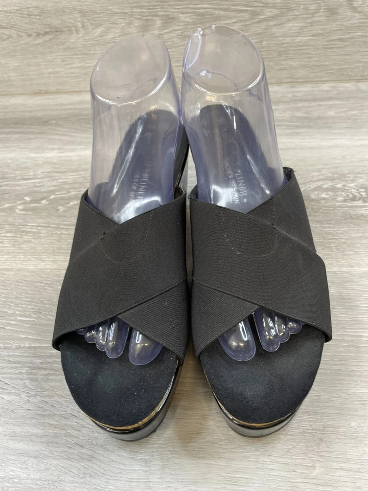 Sandalia para mujer Donald J. Pliner caramelo EE. UU. 8,5 negra textil sin cordones zapatos de cuña Foto 2 de 4