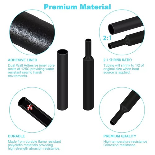 Kit tubi termoretraibili filo grande elettrico impermeabile 900 pz nero 12 misure - Foto 2 di 3