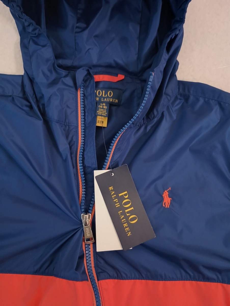 New! Boys Polo Hooded Windbreaker, Large (14-16) Blue Green