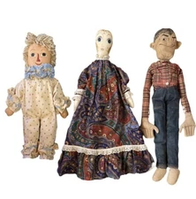 Lot of 3 Primitive Handmade Dolls,Detailed Hand Sewn Dresses, Hand Painted Faces