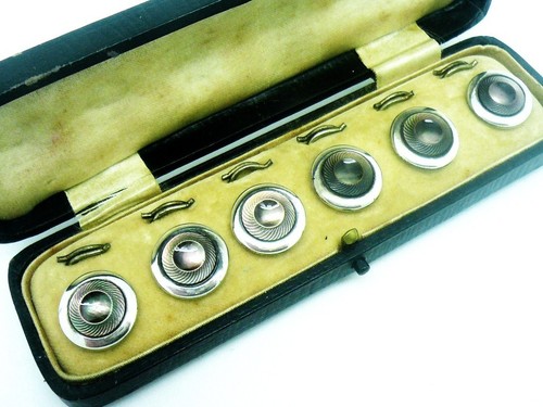 Art Deco Buttons Studs, Set of 6, Cased, White Metal, Glass, Cased, c.1930's - Picture 2 of 6