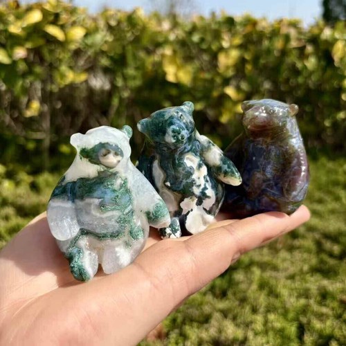 1pc Natural Moss Agate Quartz Carved Bear Skull Crystal Reiki Gift Decor - Picture 7 of 9