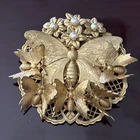 Vintage Signed Miriam Haskell Faux Pearl & Gold Butterfly Brooch 2.5” Gilt