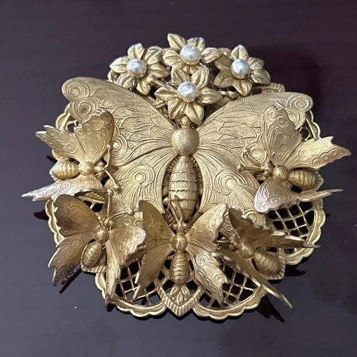Vintage Signed Miriam Haskell Faux Pearl & Gold Butterfly Brooch 2.5” Gilt