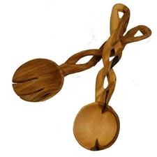 2-Pieces Braided Hand-Carved Kenyan Olive Wood Salad Serving Set
