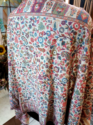 ESTOLA JAMAVAR TEJIDA A MANO KANI MÁS SUAVE ~ PASHMINA FLORAL 100% CACHEMIR ~ blanco roto - Imagen 1 de 8