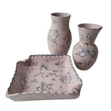 Mid-Century Italian Lava Glaze Ceramic Set – Hand Painted Pink Ashtray & Vases